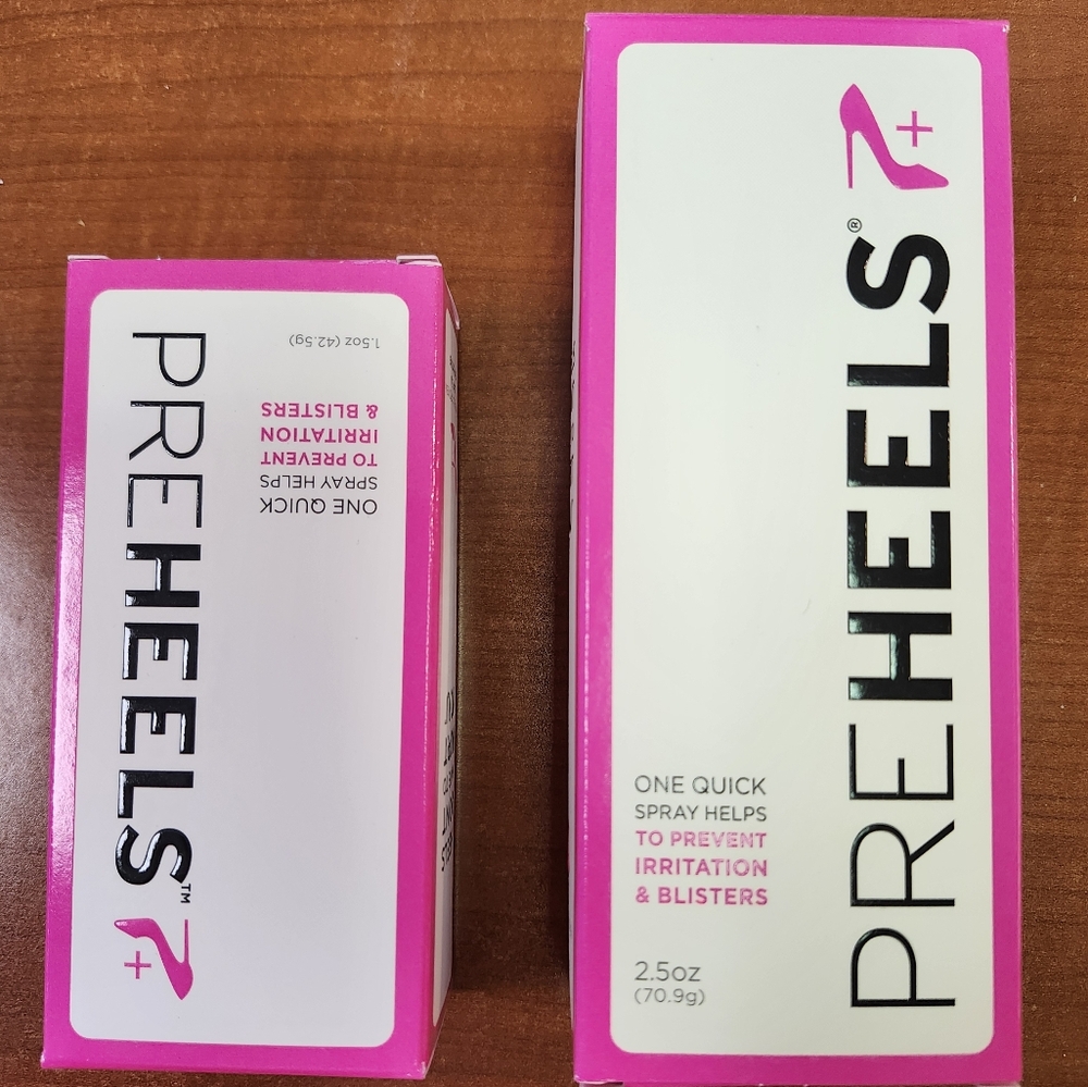 TWO boxes PreHeels Blister Prevention Spray 2.5 oz and 1.5 oz - new in boxes